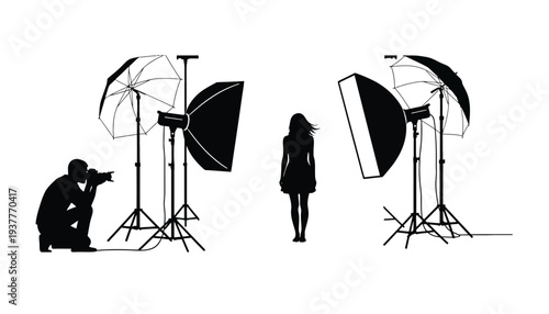A photographer taking a silhouette photo of a woman in a studio