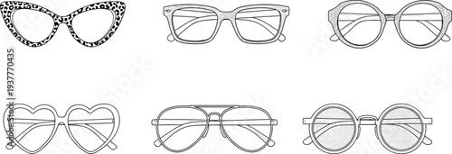 Collection of six eyeglass frame designs, showcasing diverse fashion styles including cat-eye, aviator, round, heart-shaped, and textured frames