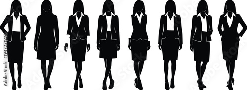 Confident businesswomen silhouettes in professional corporate attire, diverse female executives in skirt suits showcasing workplace fashion and leadership style