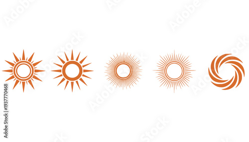 Sun icon set with various orange sunburst illustrations and symbols