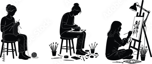 Creative individuals engaged in knitting, sculpting, and painting, showcasing diverse artistic hobbies, handmade crafts, and expressive visual creativity