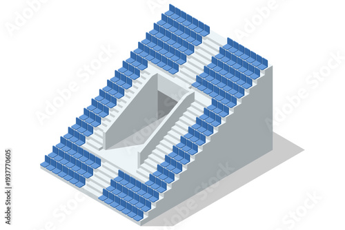 Isometric football stadium seating structure with blue tribune rows and arena architecture. Sport arena infrastructure concept.