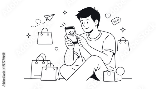 A man using a smartphone for online shopping with various bags around him