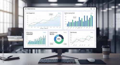 Data Analytics Dashboard on Computer Screen in Modern Office Setting.