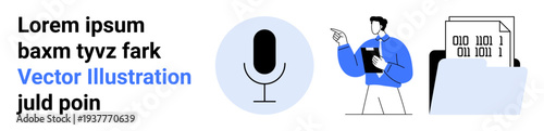 Voice recognition, data processing, transcription, digital communication, audio analysis, technology use. A microphone, a man holding a clipboard and binary data display. Voice recognition and data