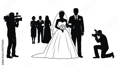 Wedding couple silhouette with photographer and videographer at ceremony