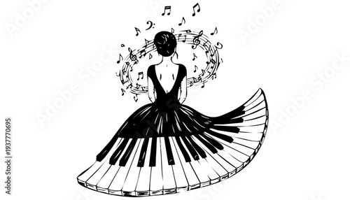 Piano silhouette illustration of a woman in a musical dress