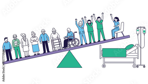 Healthcare workers outweighing elderly patients on a seesaw
