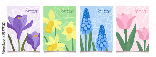 Spring flowers art. Floral cute set of plant. Hand drawn vintage background template set with botanical motifs. Flat vector illustration.