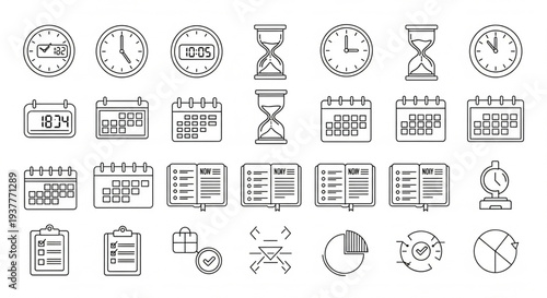 Collection of time management icons including clocks, calendars, hourglasses, and charts in a simple line art style on a white background viewed from directly above