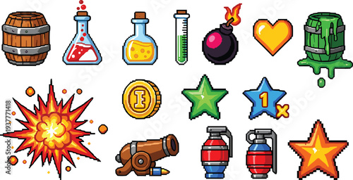Cartoon Game Asset Vector Icon Set Featuring Bomb, Potion, Coin, Barrel, Cannon, Grenade, Star, Heart, and Explosion Effects