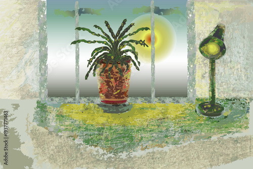 Home comfort. Still life with a flower pot and a lamp in the style of a sketch colored with colored pencils.