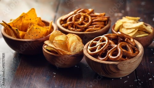 salty snacks pretzels chips crackers in wooden bowls