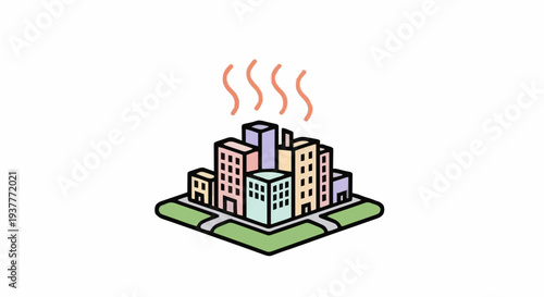 Urban environment icon depicting city buildings with rising heat waves, symbolizing the challenges of climate change, pollution, and the urban heat island effect