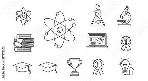Education icons collection featuring science and learning symbols in simple line art style