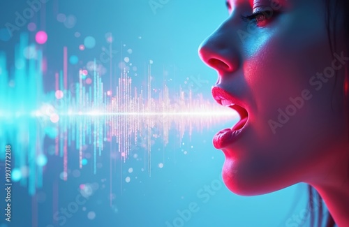 Woman speaks emitting digital sound waves visualized as light beams. Audio signal graphic displays voice intonation and sound frequency. Futuristic communication concept.