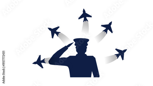 Silhouette of Military Pilot Saluting with Flying Jet Fighters