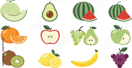 Fresh Fruit Icon Set with Watermelon, Avocado, Apple, Orange, Banana, Grapes, Kiwi, Lemon, Pear, and Melon for Healthy Food Illustration.