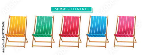 Vector Illustration of Five Colorful Striped Wooden Beach Lounge Chairs Set on White Background