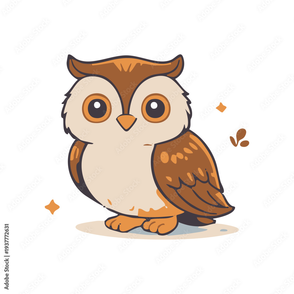 Fototapeta premium Cute brown owl cartoon vector illustration with big eyes.