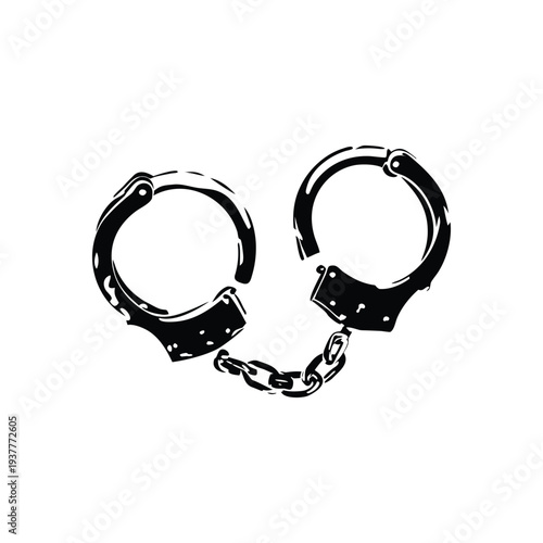 Black and white retro vintage illustration of handcuffs in hand drawn style vector art