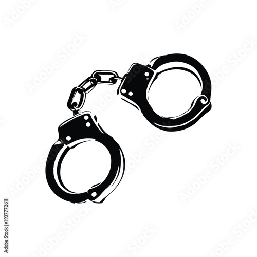Black and white retro vintage illustration of handcuffs in hand drawn style vector art