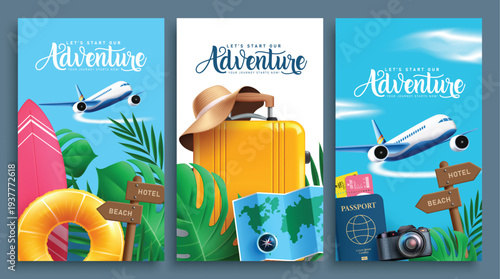Travel Adventure clipart poster set design. Adventure time clip art with summer and traveler elements for holiday trip and adventure postcard template collection vector illustration.

