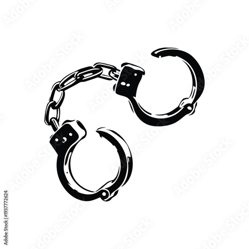 Black and white retro vintage illustration of handcuffs in hand drawn style vector art