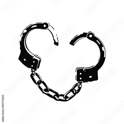 Black and white retro vintage illustration of handcuffs in hand drawn style vector art