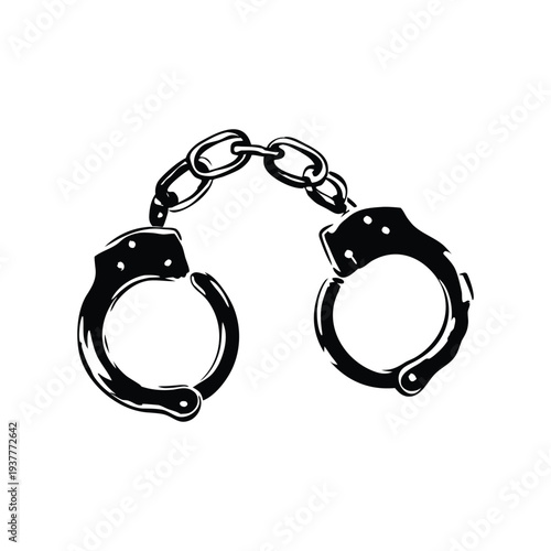Black and white retro vintage illustration of handcuffs in hand drawn style vector art