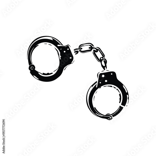 Black and white retro vintage illustration of handcuffs in hand drawn style vector art