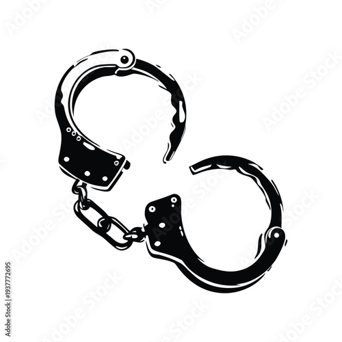 Black and white retro vintage illustration of handcuffs in hand drawn style vector art