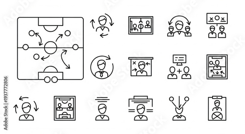 Business strategy meeting icons displayed on digital screens showcasing team collaboration and planning processes in a modern office setting from a top view