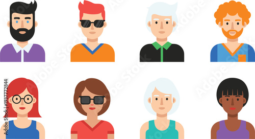 Diverse Male and Female Avatar Faces Set with Modern People Characters for Profile Pictures, Social Network Icons, Website UI, and Community Illustration.