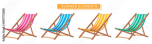 Vector Illustration Of Colorful Striped Beach Deck Chairs Set For Summer Vacation And Tropical Design