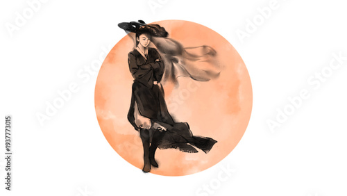 Beautiful Asian Female Warrior in Traditional Costume with Orange Background