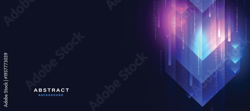 Futuristic color laser arrow shoots a gradient beam in pink, magenta, and teal, glowing with kinetic energy. 3D render illustration