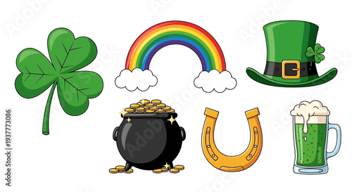 St patricks day illustrations clover rainbow pot of gold and more