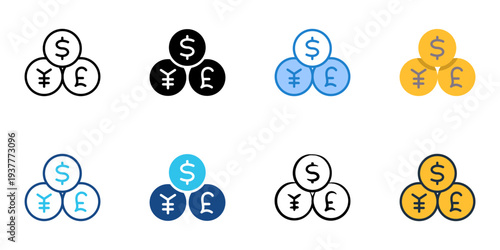 Currency icons set multiple style collection. Editable stroke 
