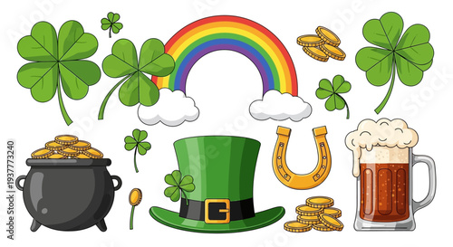 St patricks day illustrations rainbow shamrocks gold coins beer and symbols