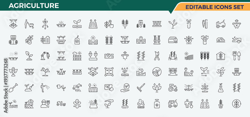 Agriculture linear icon set. Minimalist icons pack. It contains symbols to garden, farm, gardening, agro, plant. Editable stroke. Vector illustration. Farming icon collection.
