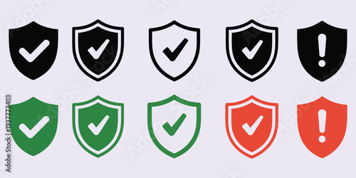 Safety Shield Symbols Illustration Featuring Check Mark and Exclamation Icons Representing Security Protection Warning and Approval Signs for Risk Control and Digital Safety Vector Design
