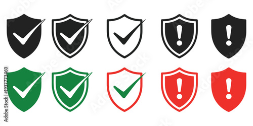 Safety Shield Symbols Illustration Featuring Check Mark and Exclamation Icons Representing Security Protection Warning and Approval Signs for Risk Control and Digital Safety Vector Design