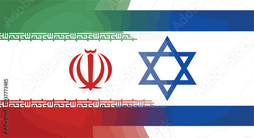 Iran and Israel Flags with National Symbols Overlay, Political Conflict Concept Illustration on White Background