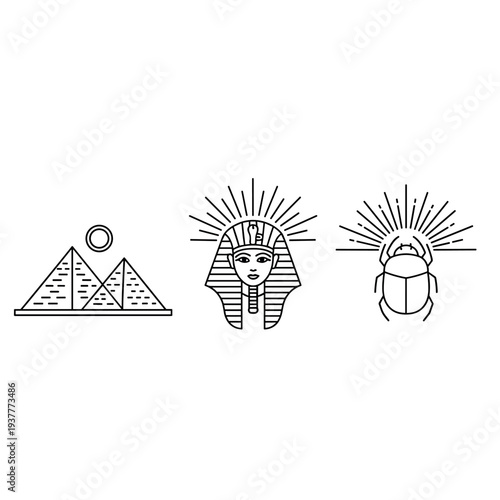 Minimal Ancient Egypt Line Icons with Pyramids, Pharaoh Mask and Scarab Symbol Outline Illustration