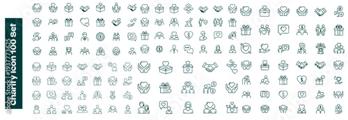 Charity human care outline icons pack. Line signs volunteering and giving, support donation or friendly handshake. Thin vector icons set perfect for web app infographic business social projects. 
