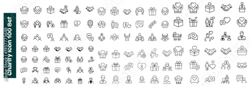 Charity giving, donate money outline icons big set. Line signs volunteering and giving support donation or symbols friendship. Thin vector pictograms pack for web infographic business social projects.