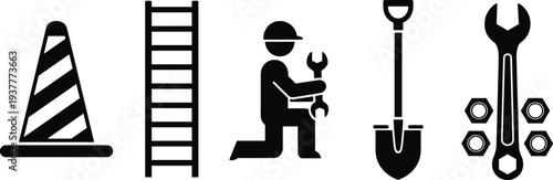 Black and white construction worker silhouette vector set with ladder safety cone shovel wrench and industrial tools for manual labor illustrations