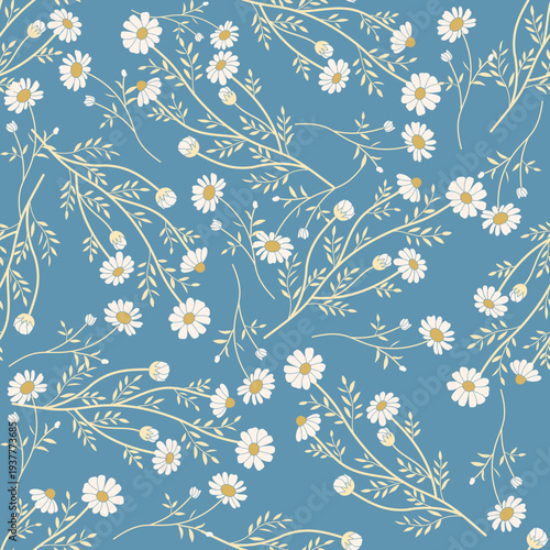 Delicate daisy wildflower seamless pattern with thin botanical stems on soft blue background. Minimal floral design perfect for fabric, wallpaper, wrapping paper, and surface pattern projects.