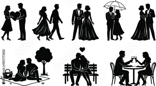 Romantic couple silhouettes, dancing, walking, dining, umbrella love, picnic scene, heart symbol, formal attire, affection, companionship, romance illustration